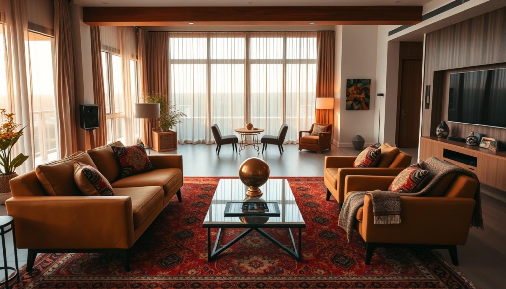modern living room with ethnic home decor and tech accents